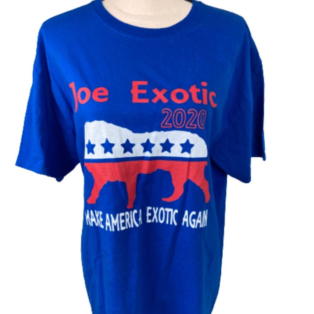 Joe Exotic 2020 Tiger King Parody Graphic T-Shirt Large Blue NWOT